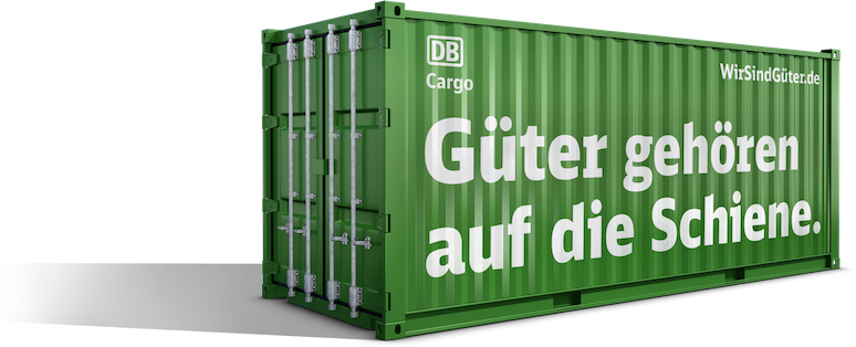 Grüner Container mit der Aufschrift "Güter gehören auf die Schiene."
