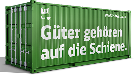 Grüner Container mit der Aufschrift "Güter gehören auf die Schiene."