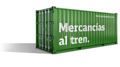 Contenedor verde con la etiqueta "Mercancías al tren".