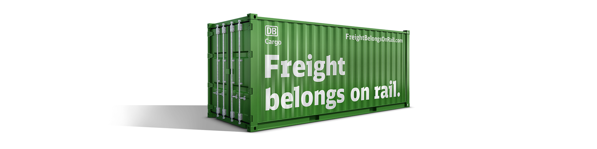 Green container with the label "Freight belongs on rail."