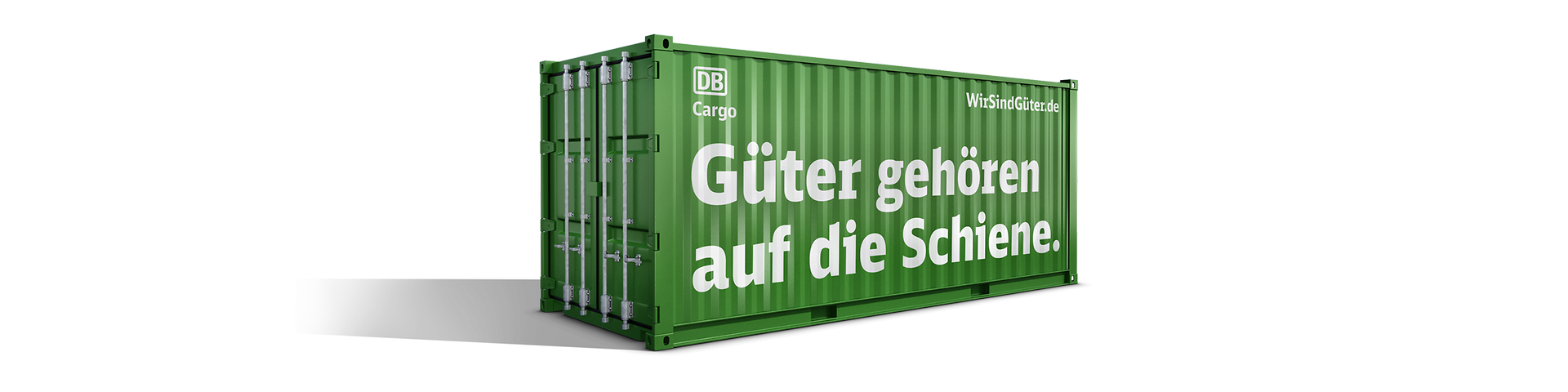 Bild grüner Container DB Cargo mit der Aufschrift "Güter gehören auf die Schiene"
