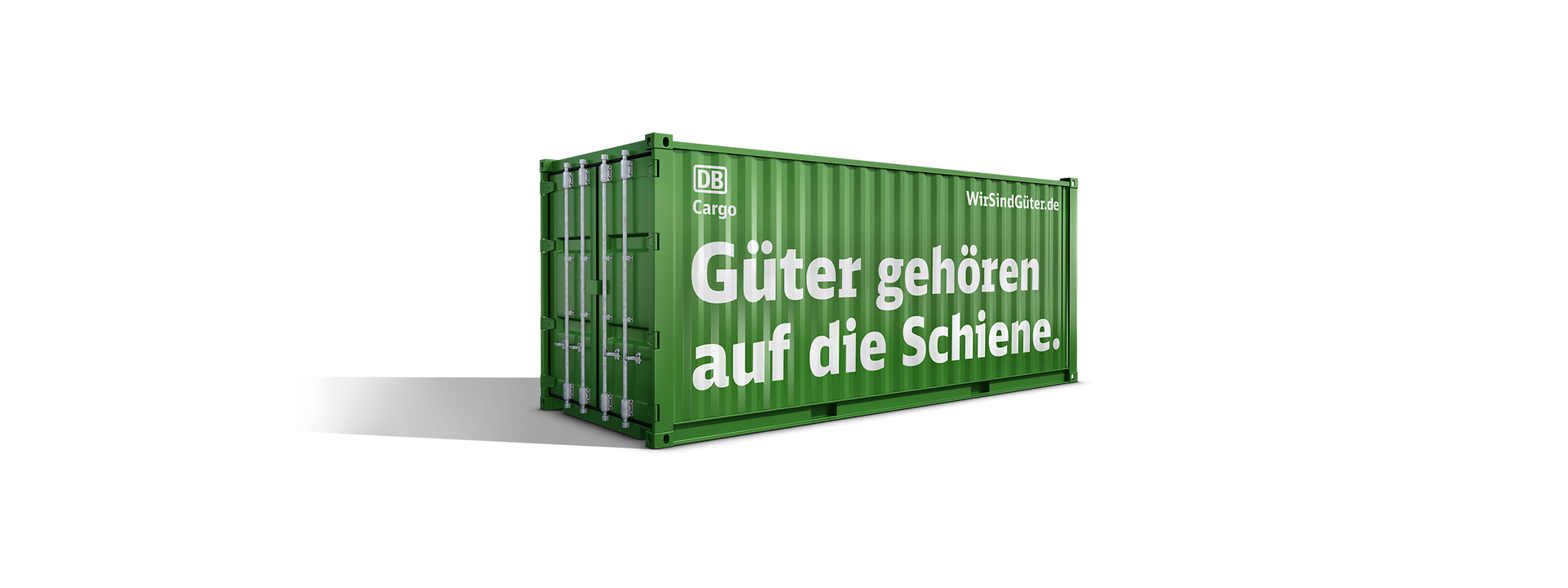 Bild grüner Container DB Cargo mit der Aufschrift "Güter gehören auf die Schiene"
